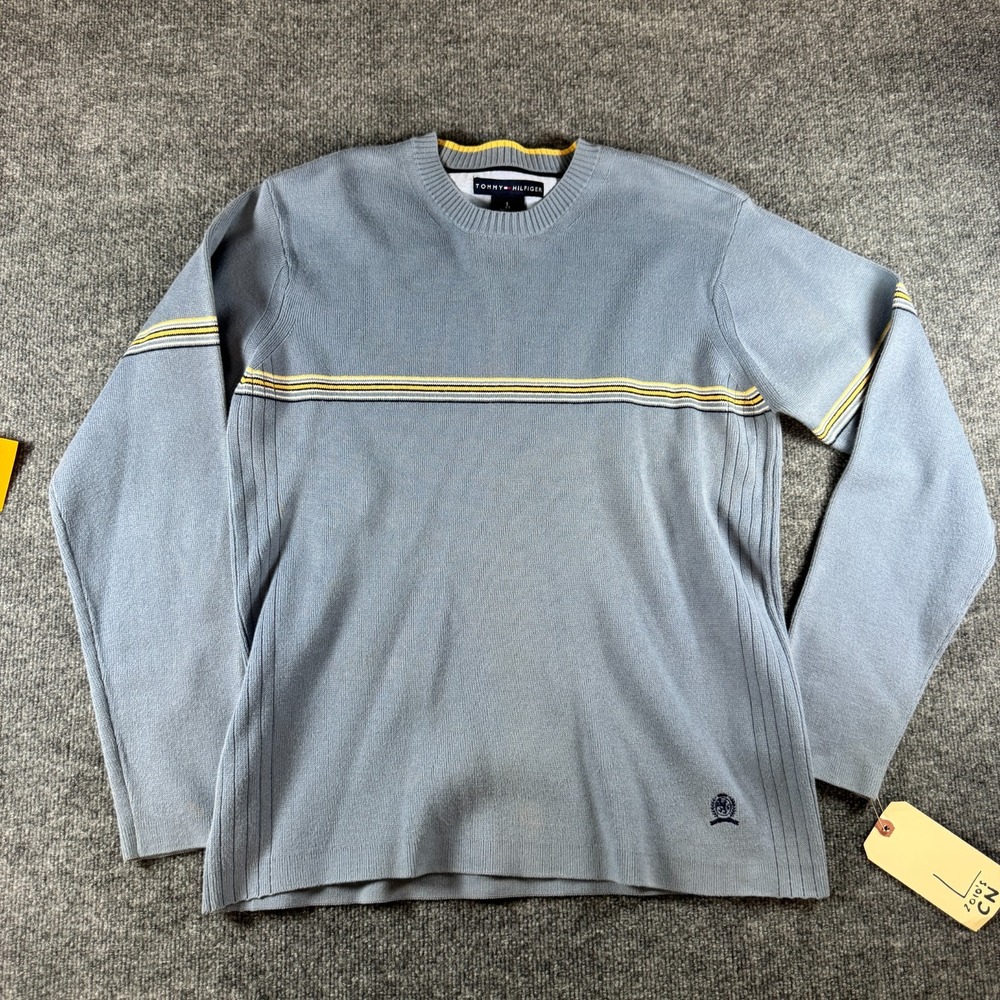 Tommy Hilfiger Sweater Mens Large Blue Striped Detail Crew Neck Knit Pullover